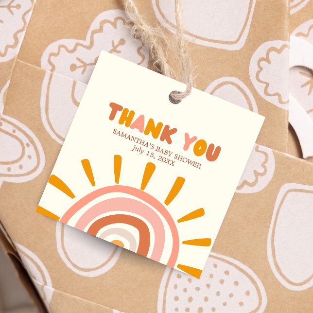 Little Ray of Sunshine Boho Sun Baby Shower Square Geschenkanhänger (Little Ray of Sunshine Retro Baby Shower Square Favor Tags)
