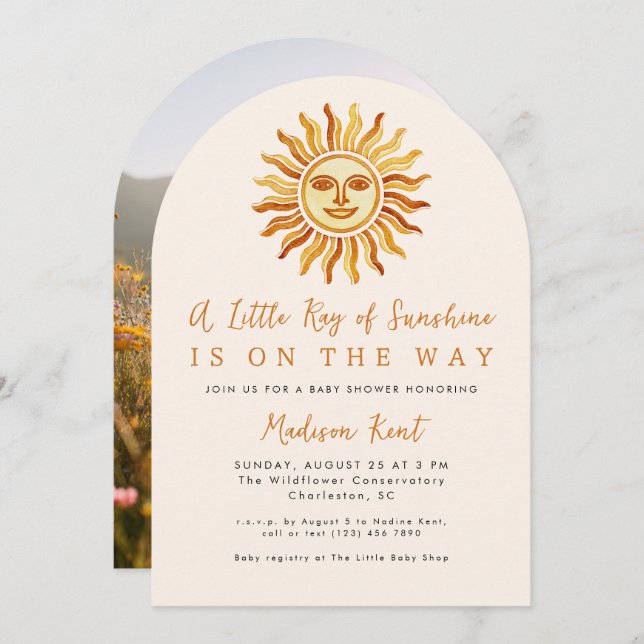 Little Ray of Sunshine Boho Sun Photo Baby Shower Einladung (Vorne/Hinten)