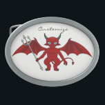 Little Red Devil Thunder_Cove Ovale Gürtelschnalle<br><div class="desc">niedlicher geflügter roter Teufel mit einem langgegrillten Schwanz mit einer Pitchgabel</div>