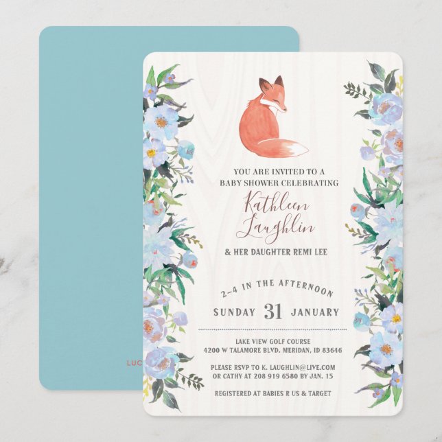 Little Red Fox Blue Floral Baby Dusche Einladung (Vorne/Hinten)