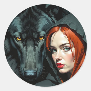 Little Red Riding Hood Redhead and the Black Wolf Runder Aufkleber