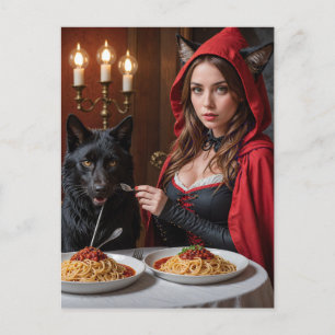 Little Red Riding Hood und Wolf essen Spaghetti Postkarte