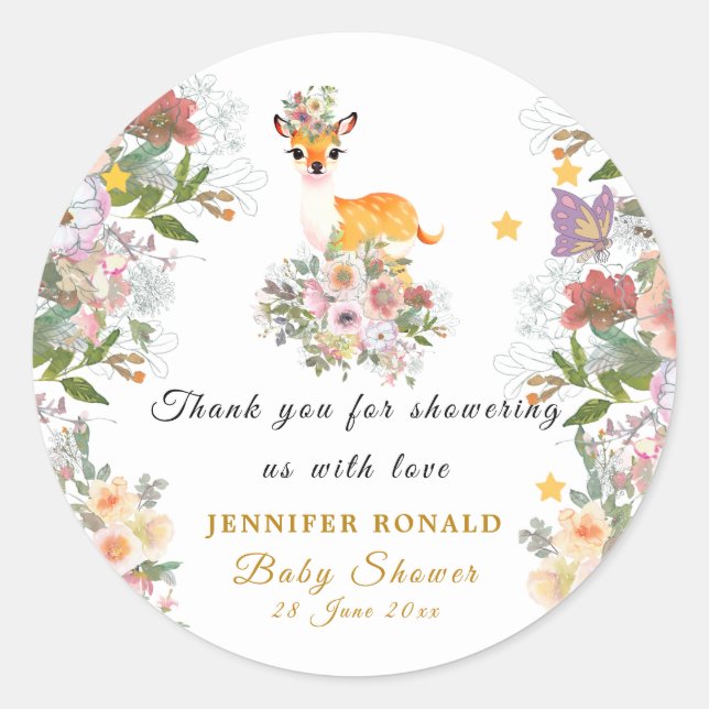 Little Reh, Big Joy Pink Blume Kinderdusche Thema Runder Aufkleber (Vorderseite)