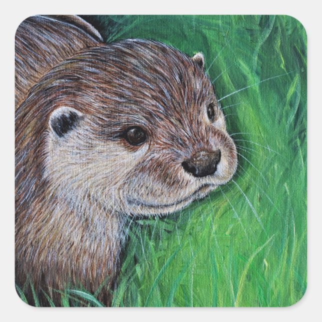 Little River Otter Painting Quadratischer Aufkleber (Vorderseite)