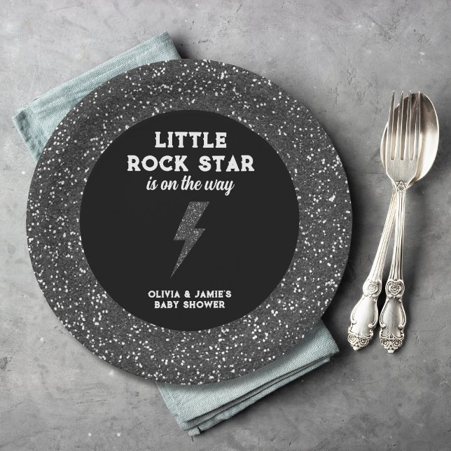 Little Rock Star Black Glitzer Edgy Baby Shower Pappteller (little rock star baby shower paper plates black glitter flash rock and roll)