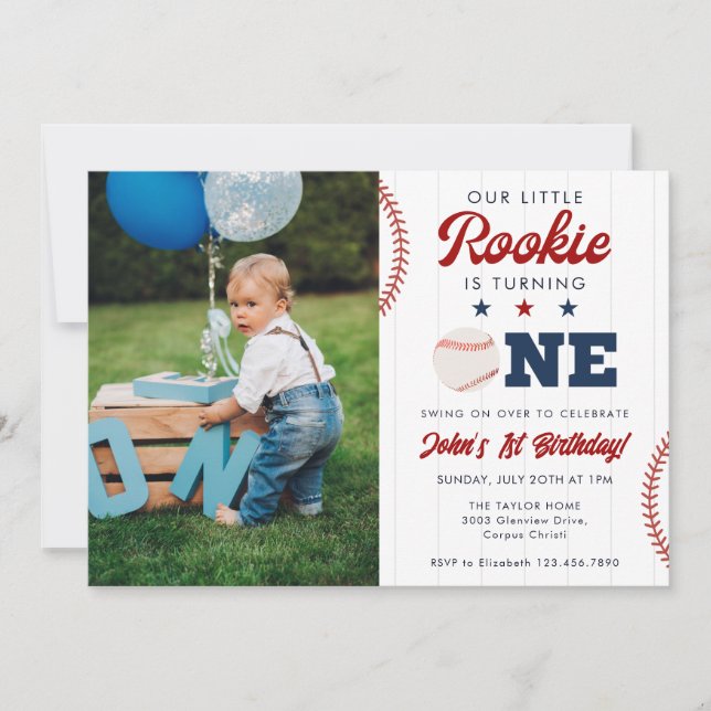 Little Rookie Baseball 1st Birthday Photo Einladung (Vorderseite)