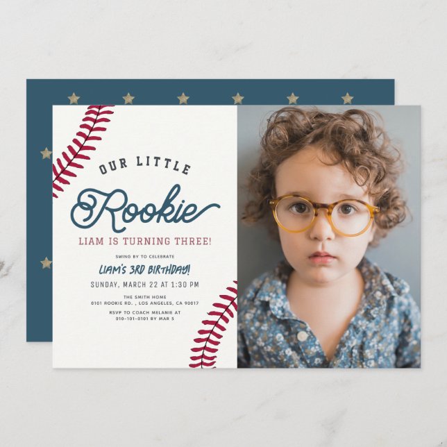 Little Rookie Baseball Boy Birthday Foto Einladung (Vorne/Hinten)