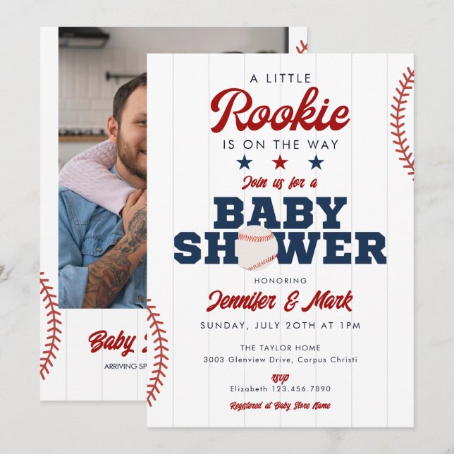 Little Rookie Baseball Photo Baby Shower Einladung (Vorne/Hinten)