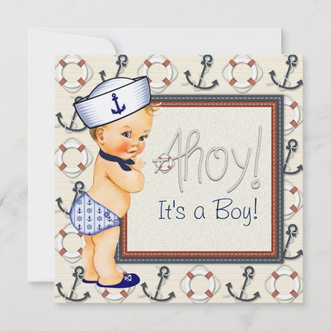 Little Sailor Boy Nautical Baby Shower Blonde Einladung (Vorderseite)