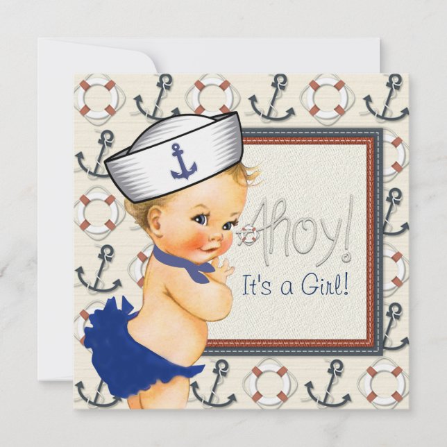 Little Sailor Girl Nautical Baby Shower Einladung (Vorderseite)