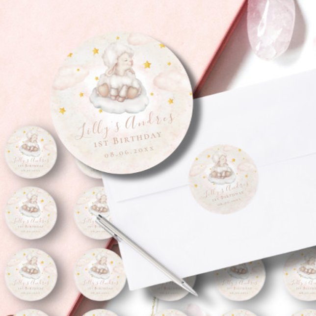 Little Sheep Lamb Dreamy Star Baby First Birthday Runder Aufkleber (Von Creator hochgeladen)