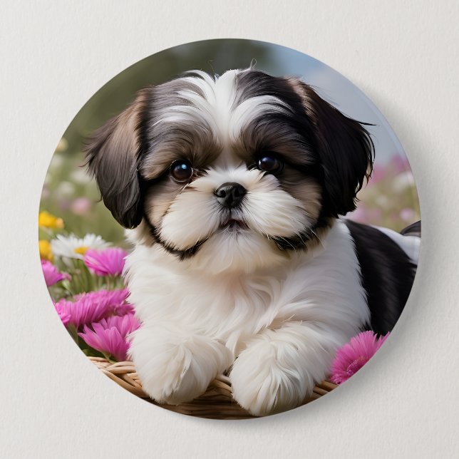 Little Shih Tzu Puppy-Basket-Blume Button (Vorderseite)