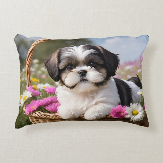 Little Shih Tzu Puppy-Basket-Blume Dekokissen (Vorderseite)