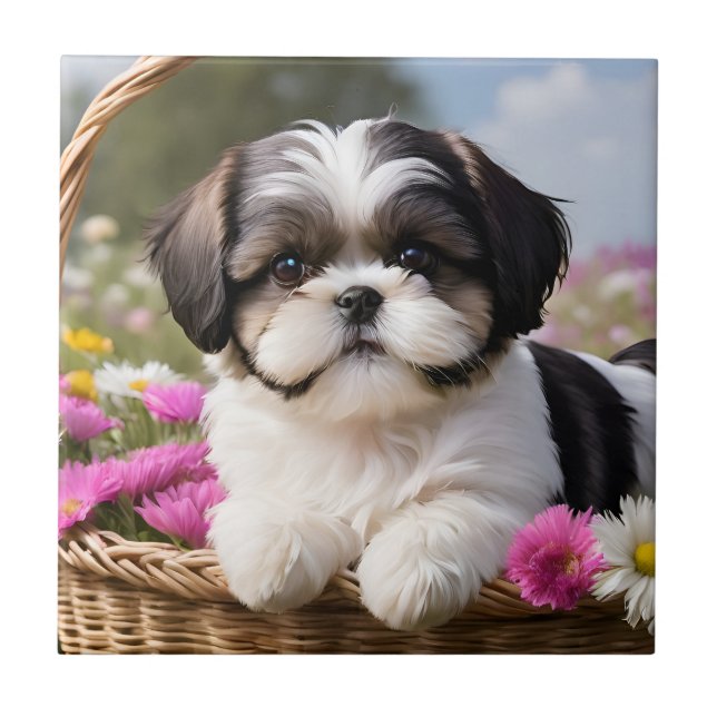 Little Shih Tzu Puppy-Basket-Blume Fliese (Vorderseite)