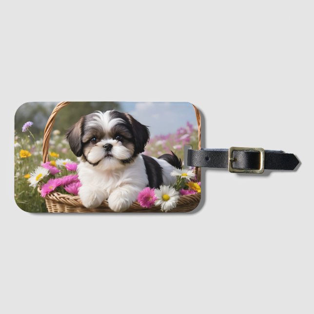 Little Shih Tzu Puppy-Basket-Blume Gepäckanhänger (Vorderseite (Horizontal))
