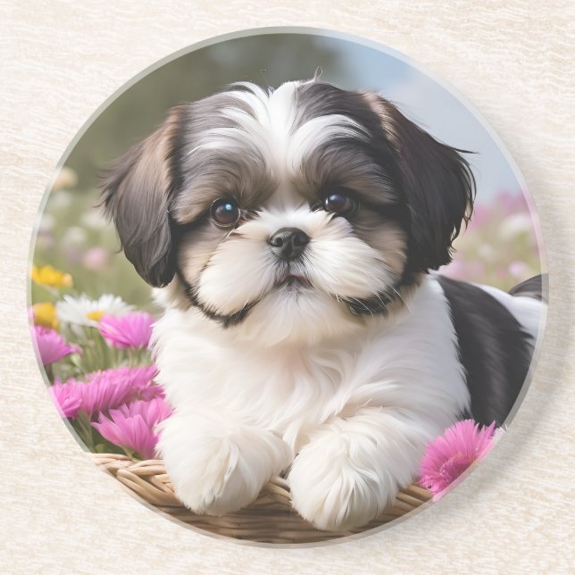 Little Shih Tzu Puppy-Basket-Blume Getränkeuntersetzer (Vorne)