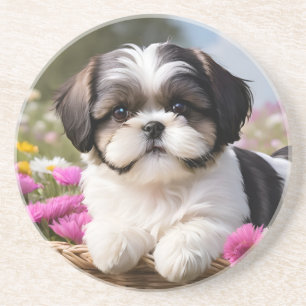 Little Shih Tzu Puppy-Basket-Blume Getränkeuntersetzer