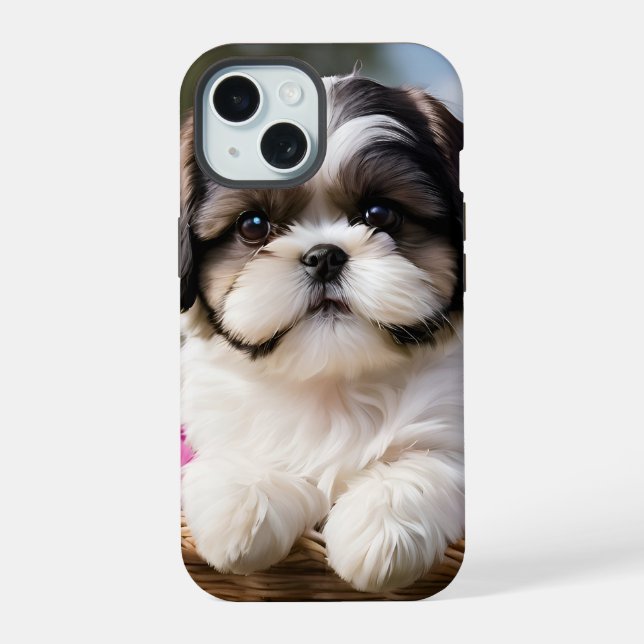 Little Shih Tzu Puppy-Basket-Blume iPhone 15 Hülle (Rückseite)