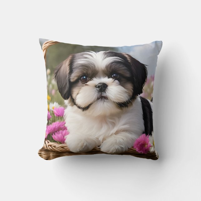 Little Shih Tzu Puppy-Basket-Blume Kissen (Vorderseite)
