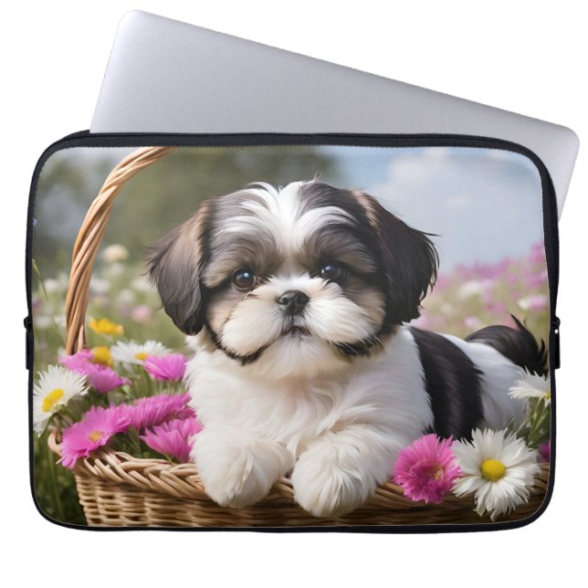 Little Shih Tzu Puppy-Basket-Blume Laptopschutzhülle (Vorderseite)
