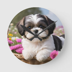 Little Shih Tzu Puppy-Basket-Blume Runde Wanduhr