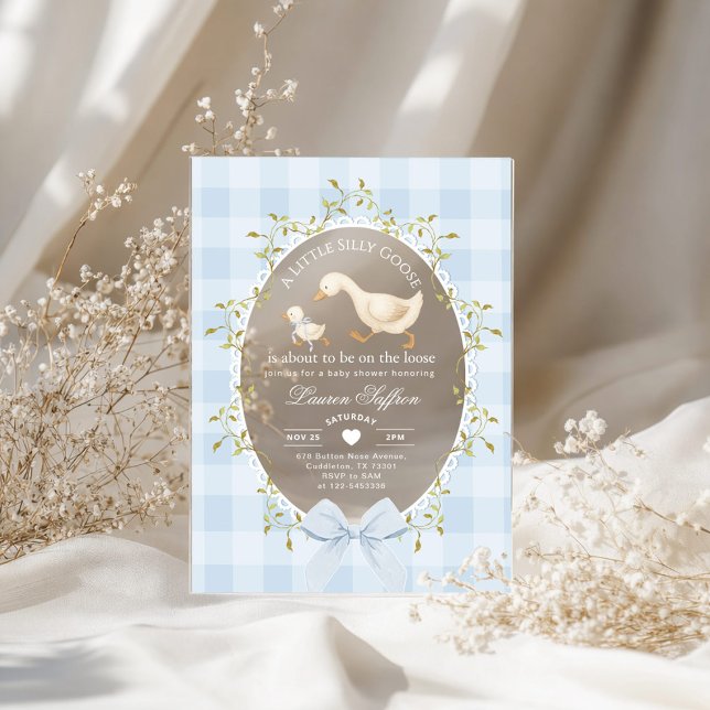 Little Silly Goose Baby Shower Blue Gingham Acryleinladungen (Von Creator hochgeladen)