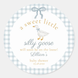 Little Silly Goose Bow Baby Shower Blue Gingham Runder Aufkleber