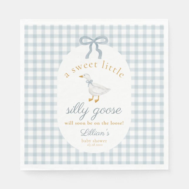 Little Silly Goose Bow Baby Shower Blue Gingham  Serviette (Vorderseite)
