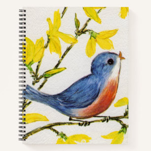 Little Singing Red and Blue Bird in Tree Blume Notizbuch