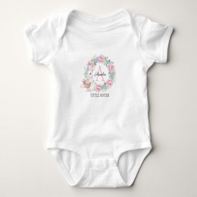 Little Sister Bunny Personalized Pink Rose Baby Strampler (Vorderseite)