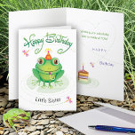Little Sister Niedliche Geburtstag Frog Karte<br><div class="desc">Dieser niedliche Frosch sitzt auf einem Lilienpolster und starrt vor ihm eine Scheibe Geburtstagskuchen an. Schicke das an deine kleine Schwester,  die Lieben Frösche und wünsche ihnen viel Spaß!</div>