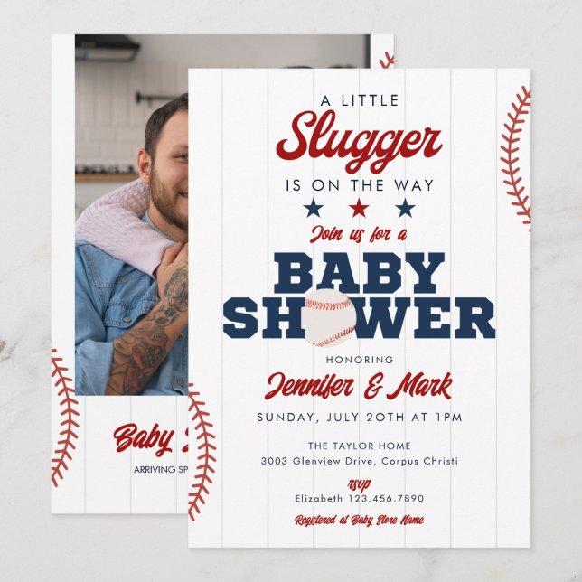 Little Slugger Baseball Photo Baby Shower Einladung (Vorne/Hinten)