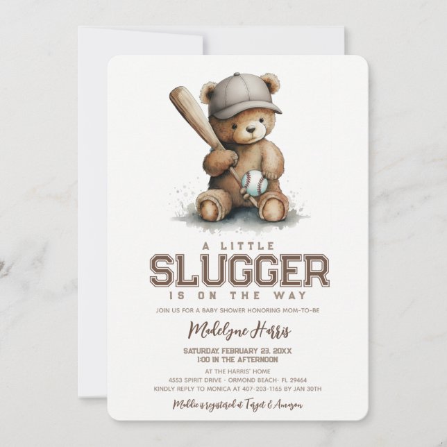 Little Slugger Neutral Teddy Baseball Baby Shower Einladung (Vorderseite)