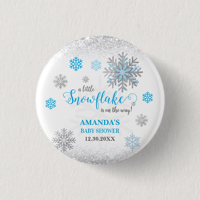 Little Snowflake Blue Silver Glittery Baby Shower  Button (Vorderseite)