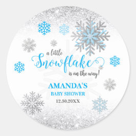 Little Snowflake Blue Silver Glittery Baby Shower Runder Aufkleber