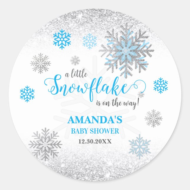 Little Snowflake Blue Silver Glittery Baby Shower  Runder Aufkleber (Vorderseite)