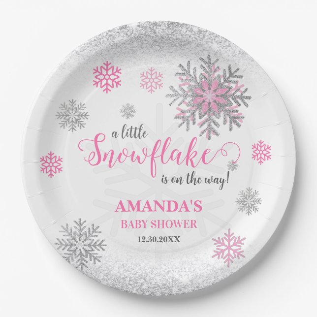 Little Snowflake Pink Silver Glittery Baby Shower  Pappteller (Vorderseite)