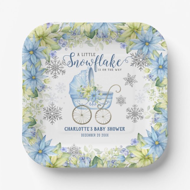 Little Snowflake Winter Floral Blue Baby Dusche Pappteller (Vorderseite)