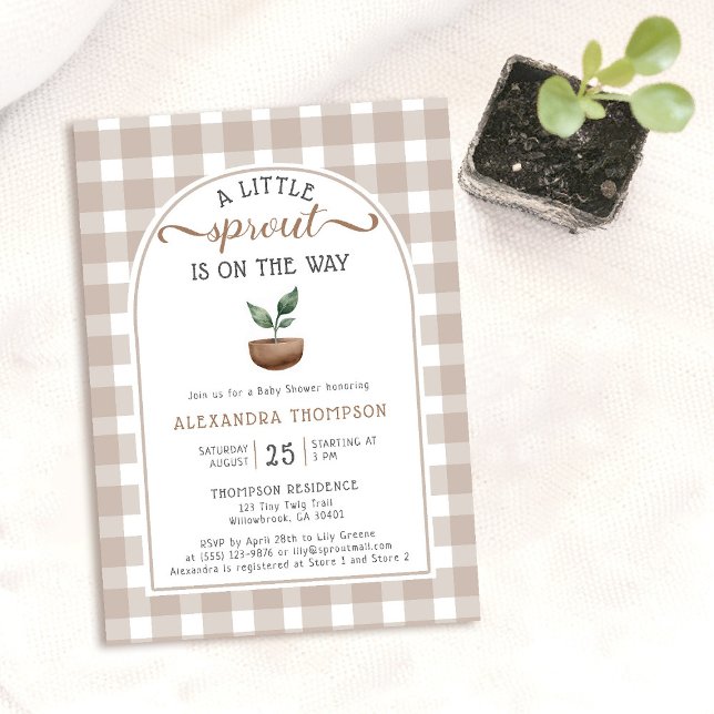 Little Sprout Boho Wasserfarbenneutrale Babydusche Einladung (little sprout baby shower invitation rustic girl boy neutral gingham plant boho arch cute watercolor)