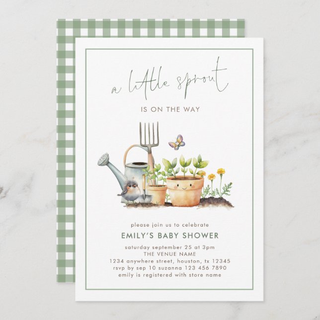 Little Sprout Border Sage Gingham Baby Shower  Einladung (Vorne/Hinten)