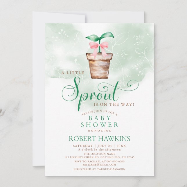 Little Sprout is on the Way Garden Bow Baby Shower Einladung (Vorderseite)