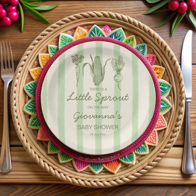 Little sprout is on the way stripped Baby Shower Pappteller (Little sprout is on the way retro green stripes Baby Shower monogrammed Paper Plates)