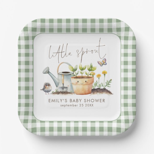 Little Sprout Sage Gingham Garden Baby Shower  Pappteller (Vorderseite)