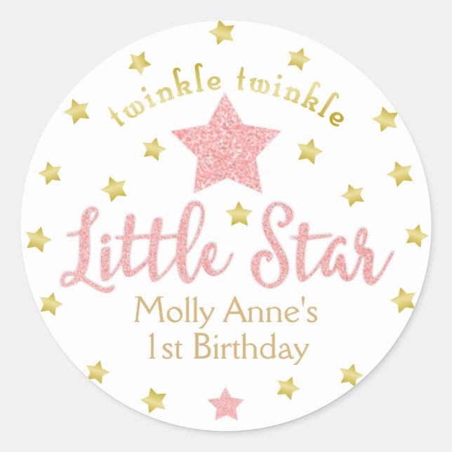 Little Star Birthday Girl Pink Glitzer Gold Runder Aufkleber (Vorderseite)