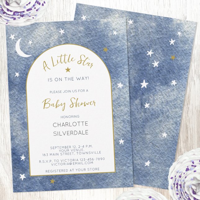Little Star Celestial Watercolor Babydusche Einladung (Little Star celestial personalized custom text watercolor baby shower invitation in navy white gold)