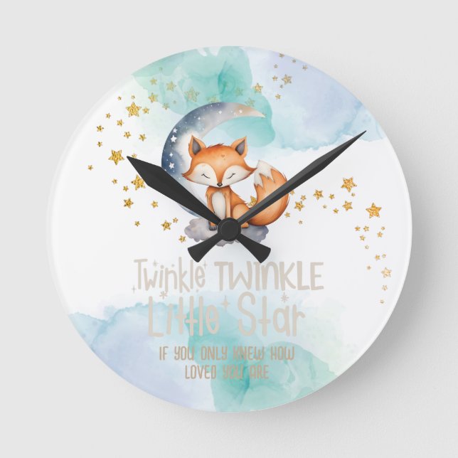 Little Star Woodland Fox Kinderzimmer Runde Wanduhr (Vorderseite)