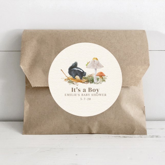 Little Stinker Woodland Skunk Boy Baby Shower Runder Aufkleber (Von Creator hochgeladen)