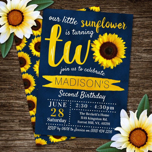Little Sunflower Navy Blue 2. Geburtstag Einladung (Von Creator hochgeladen)