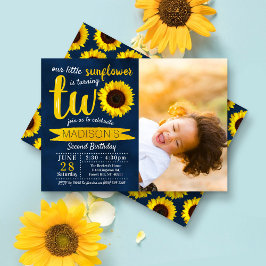 Little Sunflower Navy Blue 2. Geburtstag Foto Einladung