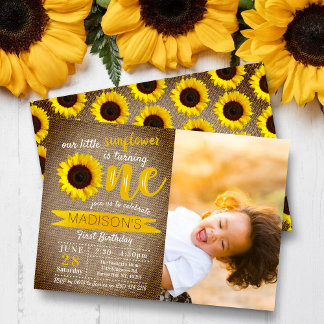Little Sunflower Rustic Burlap 1. Geburtstag Foto Einladung